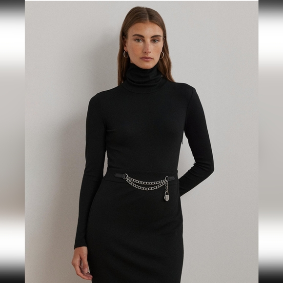 RALPH LAUREN RIBBED TURTLENECK DRESS WITH CHAIN TRIM IN RED SIZE 10 NWT - Picture 4 of 4